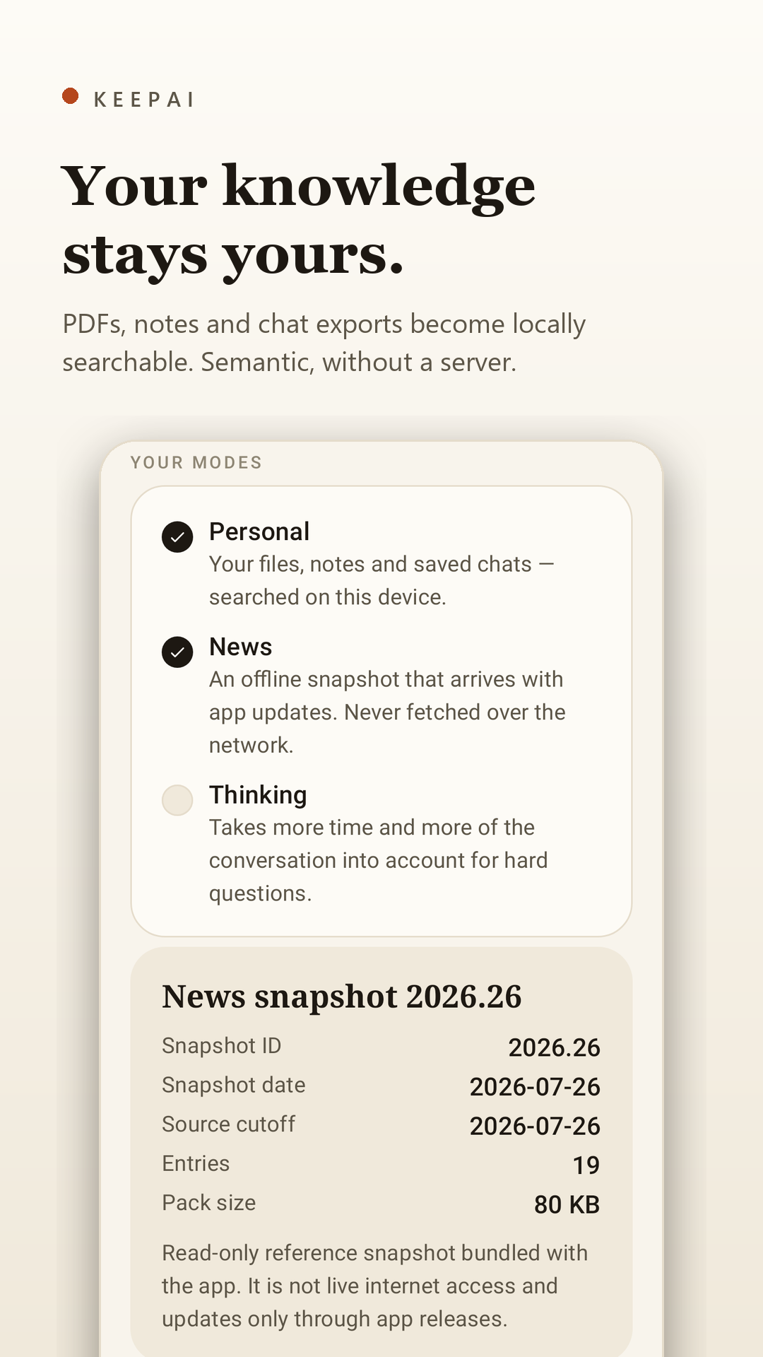 The three modes: Personal, News and Thinking