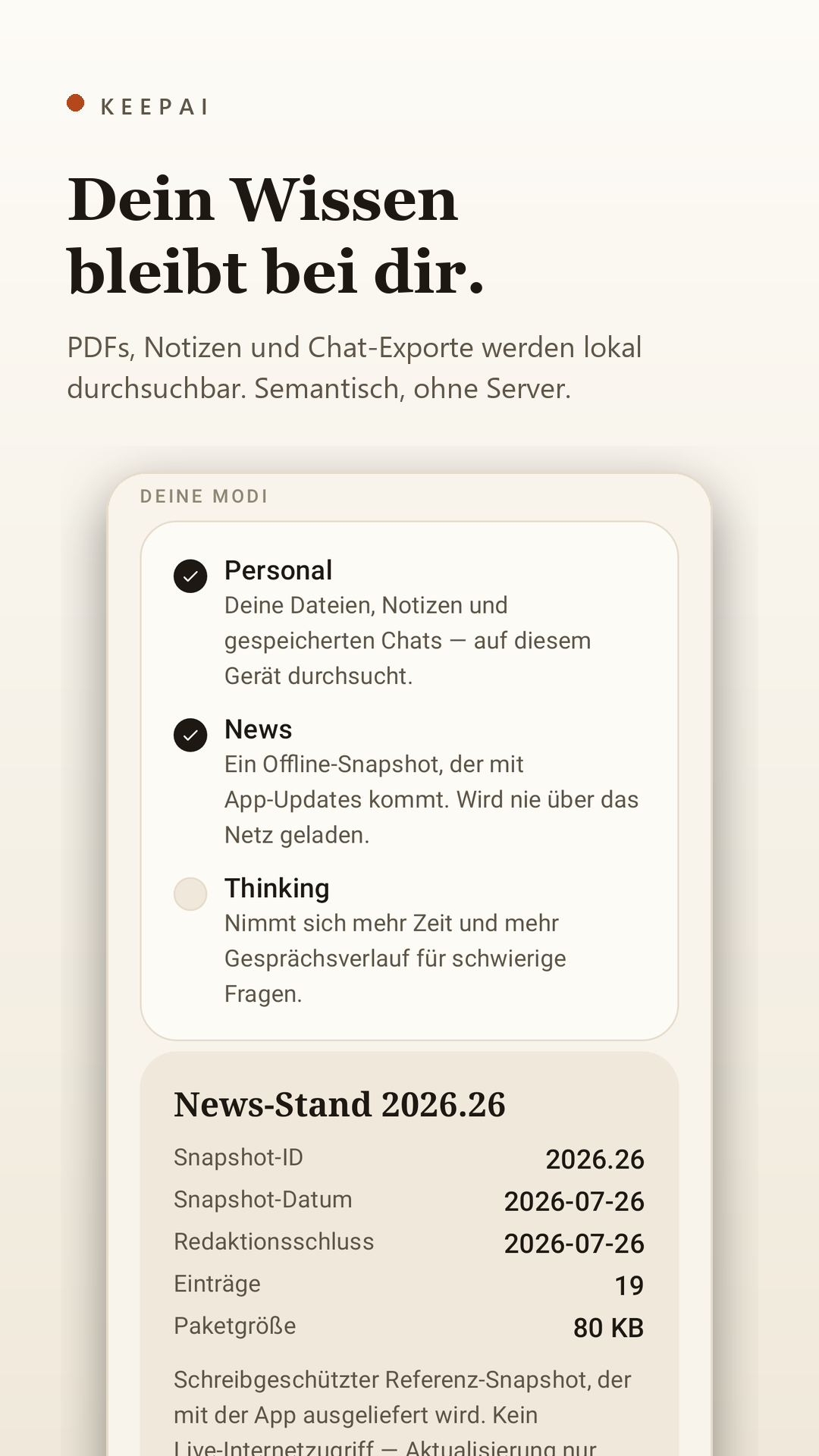 Die drei Modi: Personal, News und Thinking